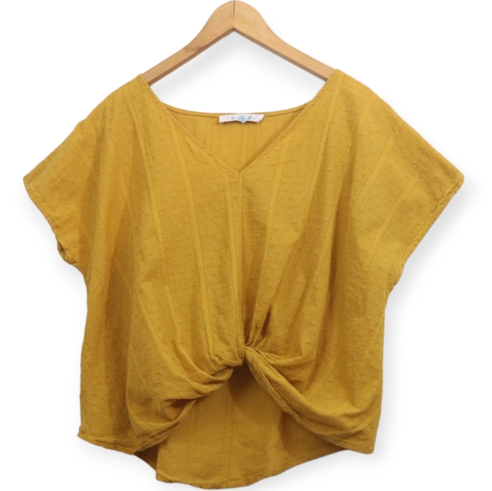 E2 Mustard Cotton Swiss Dots Crochet Lace Twisted Hem Top